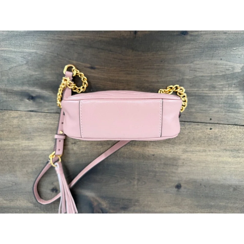 Tory Burch Kira Chevron Small Camera Bag Pink Moon Quilted Leather Crossbody